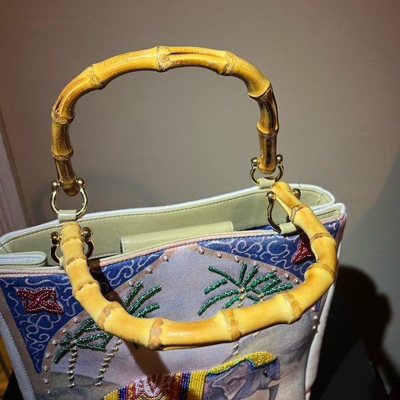 Vintage unused beaded elephant tote bamboo handles - Picture 4 of 9